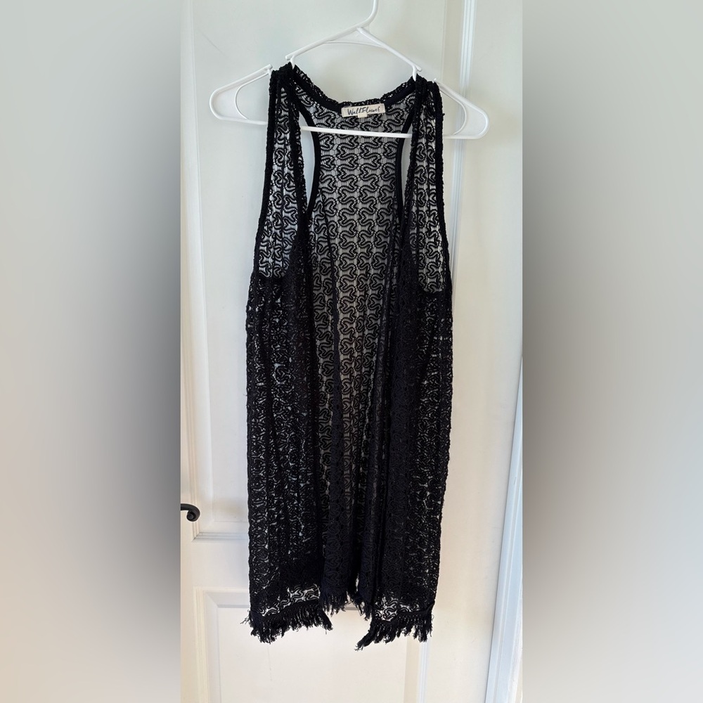 WallFlower Black Lace Fringe Duster Vest Long Open Front Size L